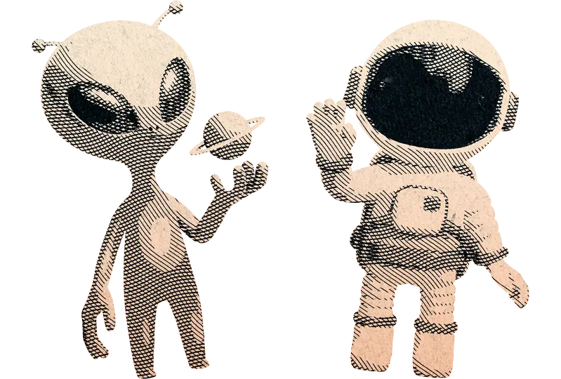 An alien and an astronaut waving at each other