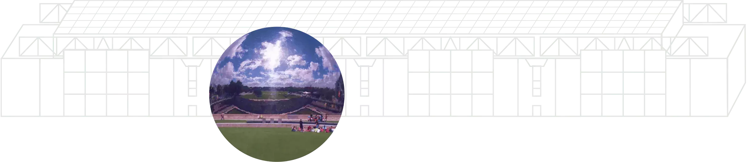 Sketch of the Cite des Sciences in Paris with a photo of the sphere outside