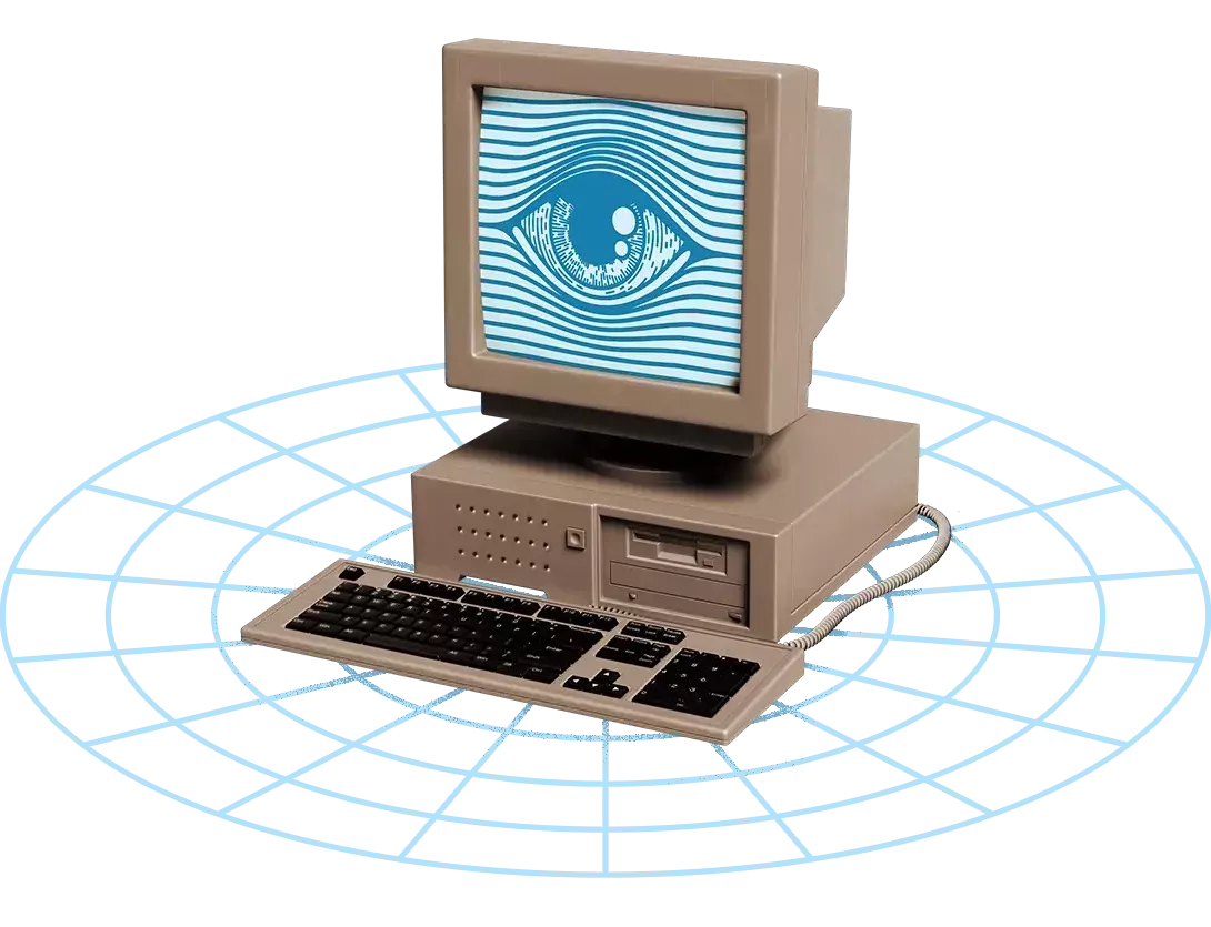 A computer with an eye coming out of it